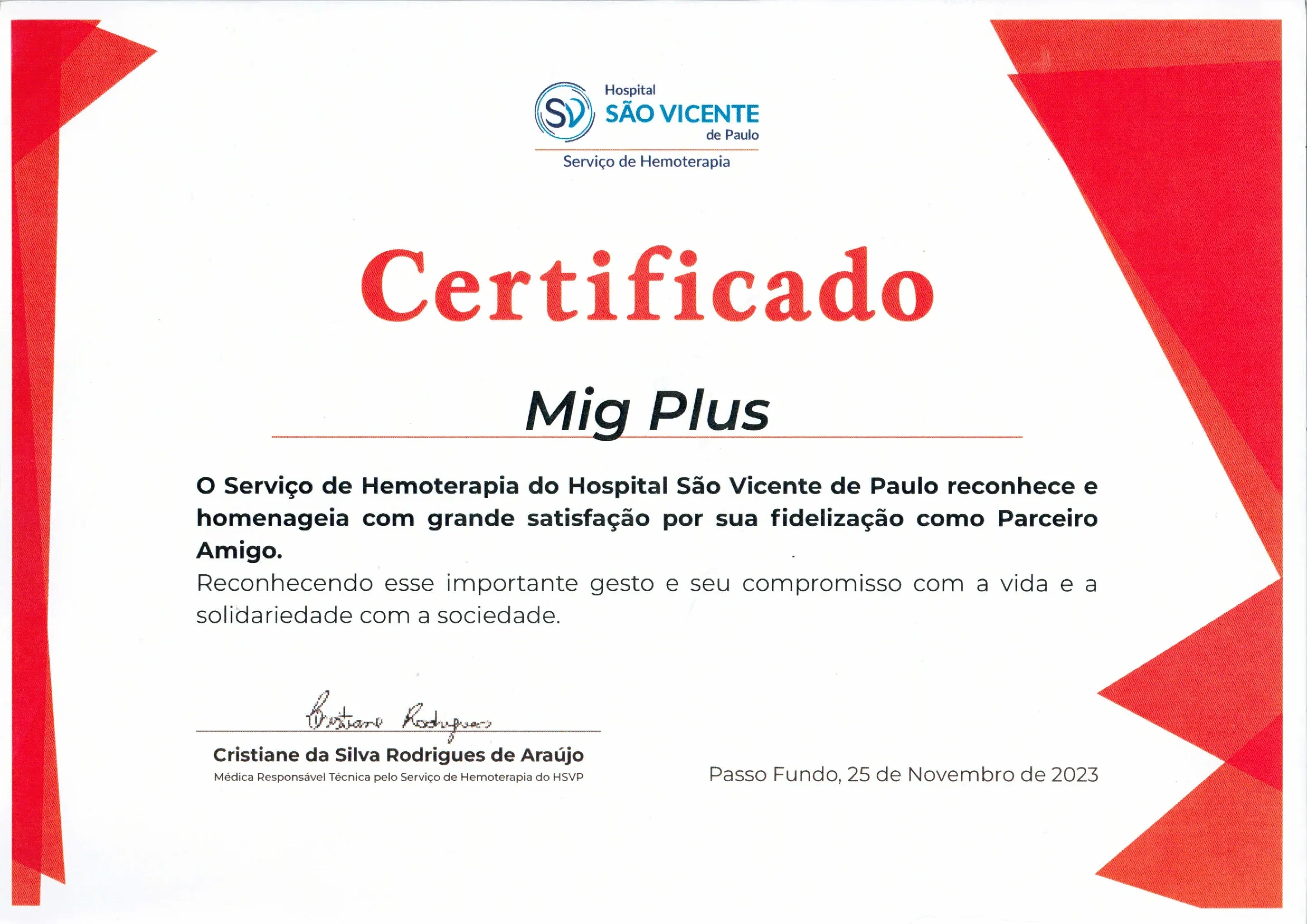 Certificado Amigos do Hemocentro